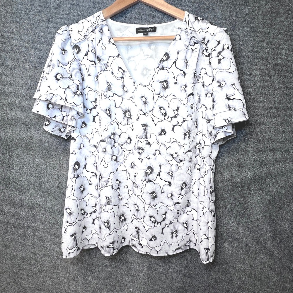 Banana Republic Womens Floral V-Neck Flutter Sleeve Blouse White Gray L 588055